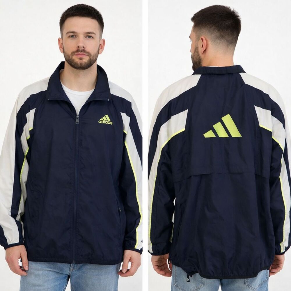 VTG Adidas Full Zip Windbreaker Jacket Mens Sz XL Wooshing 90s Navy Neon Striped